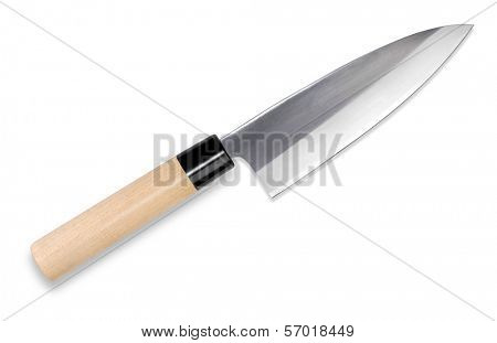 Deba - traditional Japanese kitchen knife isolated with path on white background.