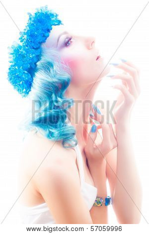 Girl With Beautiful Make-up And Blue Hair.