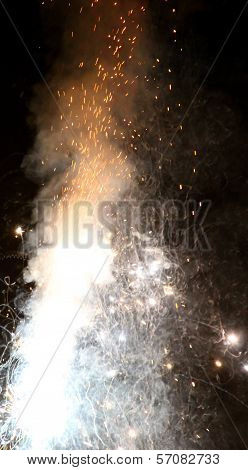 Explosion With Fire In The Night With Smoke, Sparks, Fire, Blaze
