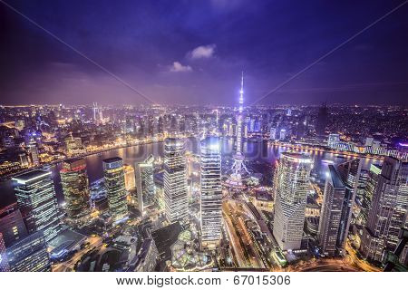 Shanghai, China aerial view of the Pudong financial district.