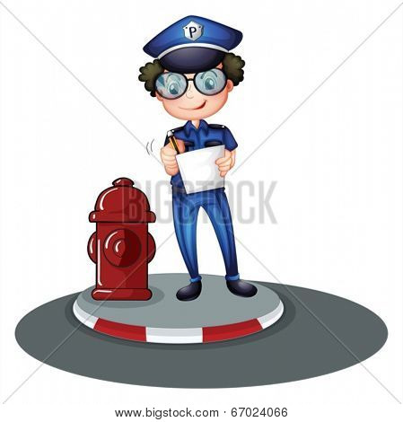 Illustration of a police officer beside the hydrant on a white background
