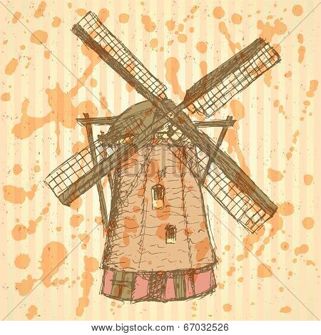 Sketch Holand Windmill, Vector Vintage Background
