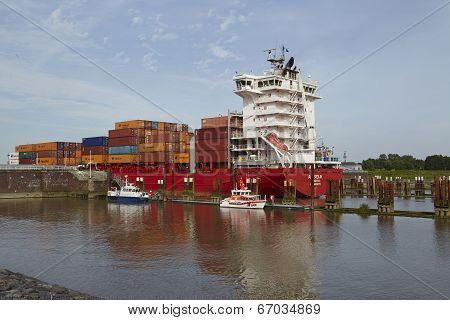 Brunsbuettel - Container Vessel At Lockage To The Kiel Canal