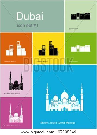 Landmarks of Dubai. Set of color icons in Metro style. Editable vector illustration.
