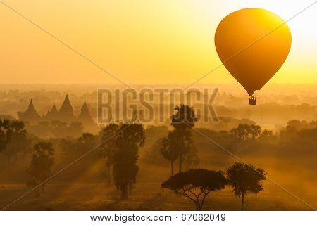 Balloon Over Plain Of Bagan In Misty Morning, Myanmar
