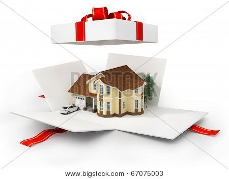 Opened Gift With House On The White Background.