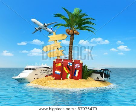 Desert Tropical Island With Palm Tree, Chaise Lounge, Suitcase And Three Empty Wooden Signpost. Conc