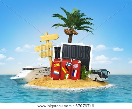 Desert Tropical Island With Palm Tree, Chaise Lounge, Suitcase And Three Empty Wooden Signpost. Conc
