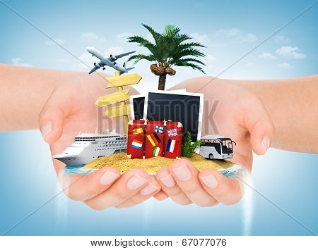 Travel Concept. Hands Holding Iceland With Palm, Suitcase, Photoframe, Sign And Transport