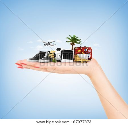 Travel Concept. Hand Holding Atribute Of Travel And Holiday.