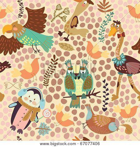 Cute Seamless Pattern With Cute Various Birds.penguin, Ostrich, Eagle, Owl, Duck, Quail, Bird