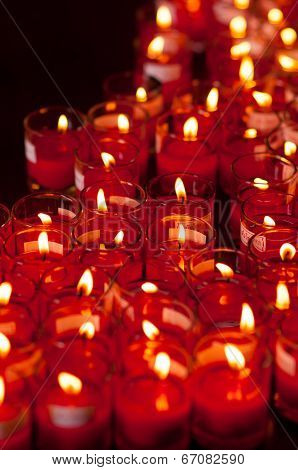 Church Candles In Red Transparent Chandeliers