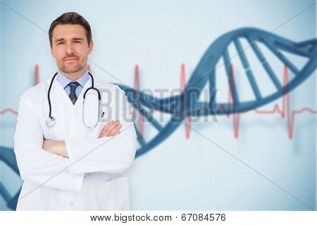 Handsome young doctor with arms crossed against blue medical background with dna and ecg