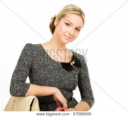 young woman sitting isolated on white background