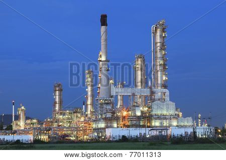 Beautiful Twilight Time In Evening Of Oil Refinery Plant In Heavy Petrochemical Ndustry Estate Site