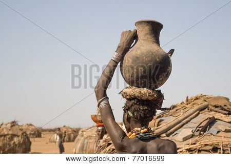 Woman Carries On Her Head A Container With Water, Ethiopia