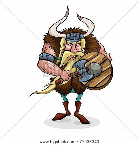 Angry cartoon viking. Medieval warrior with weapons. Character