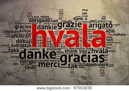 Croation: Hvala, Open Word Cloud, Thanks, Grunge Background