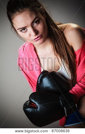 Sport Boxer Woman In Black Gloves Boxing