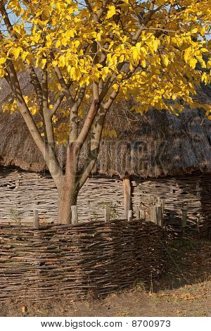 herbstlicher Landschaft. Hütte mit Strohdach. Wattle.