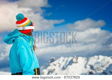 Girl Freeride Skier, Look At The Distant Mountains