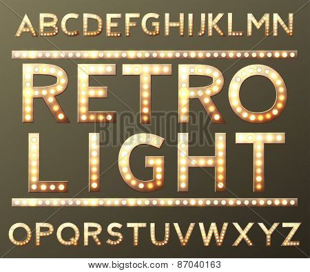 vector golden alphabet with bulb lamps