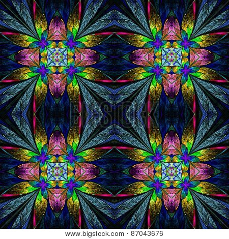 Symmetrical Multicolored Flower Pattern In Stained-glass Window Style On Darkblue.  Computer Generat