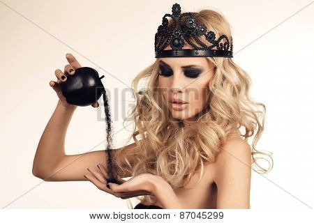 Sexy Beautiful Woman With Long Blond Hair And Bright Makeup