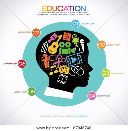 Ã??oncept art education. Infographic background with a set icons of creativity in the silhouette of the head of the child