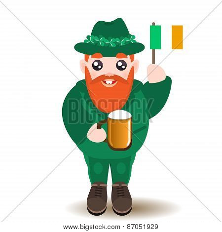 St Patrick's Day man character with beer and irish flag