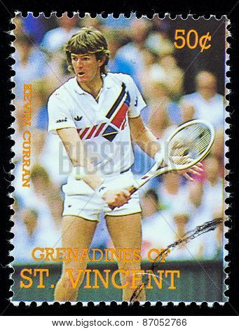 BEQUIA - CIRCA 1988: A stamp printed in Grenadines of St. Vincent shows Tennis Players Kivin Curran , circa 1988