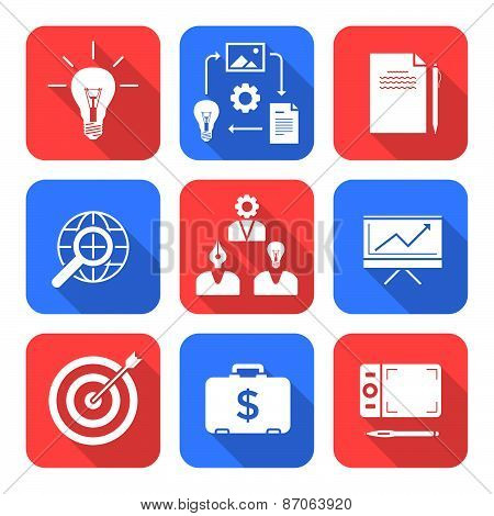 Solid White Color Flat Style Creative Business Process Icons Set.