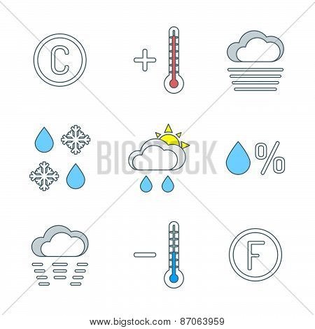 Colored Outline Weather Forecast Icons Set.