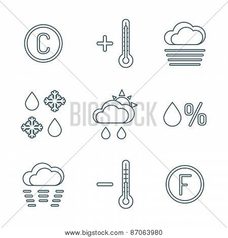 Dark Outline Weather Forecast Icons Set.