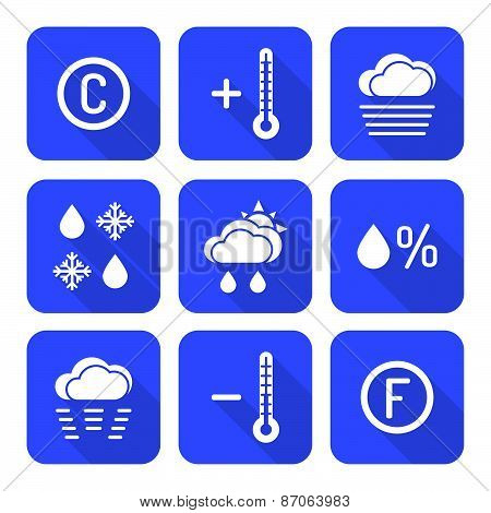 Solid White Color Flat Style Weather Forecast Icons Set.