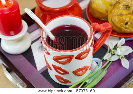 Lip Patterned Cup Of Tea On A Tray