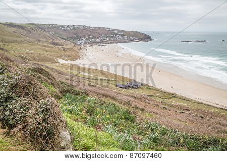 stunning whitesand bay near sennen in cornwall england uk