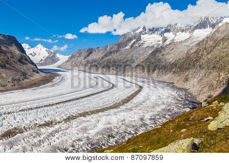 View Of The Aletsch Glacier On Mountains