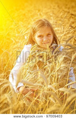 Happy girls meadow weat field