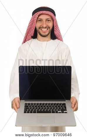Arab man with laptop isolated on white