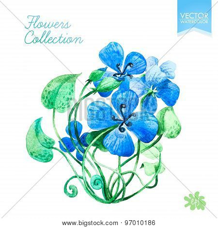 Vector Illustration. Vector Watercolor Leaves And Blue Flowers, Hand Drawn Design Elements.