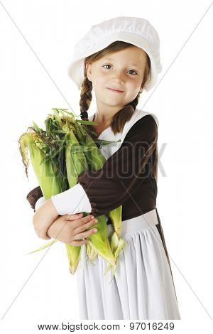 A beautiful young Pilgrim girl carrying an armload of fresh corn.  On a white background.