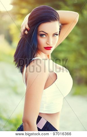 Sexy Woman With Red Lips Outdoor