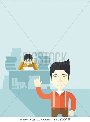 An asian office clerk has a lot of works to do with those papers in front of him, problem on how to meet the deadline of his report. Disappointment concept. A Contemporary style with pastel palette