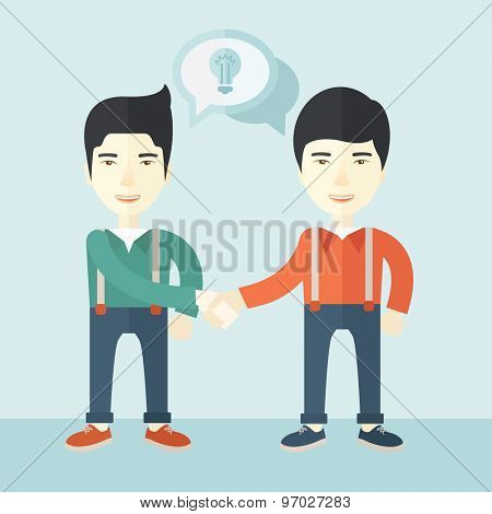A two asian guys standing facing each other handshaking for the successful business deal. Business partnership concept. A Contemporary style with pastel palette, soft blue tinted background. Vector