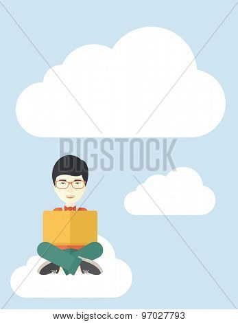 A chinese guy sitting on a cloud having a great idea while reading a book. Business concept. A Contemporary style with pastel palette, soft blue tinted background with desaturated cloud. Vector flat