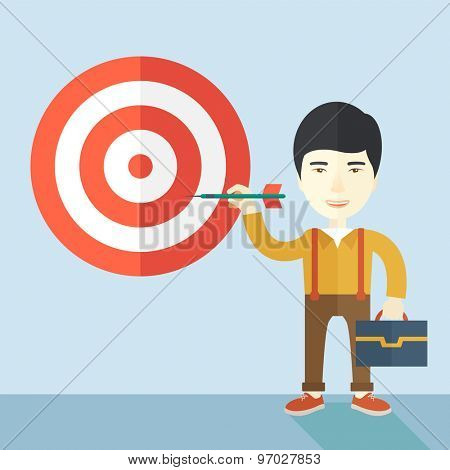 A working chinese man with strategy on how to get his target market sales higher. Market strategy concept. A Contemporary style with pastel palette, soft blue tinted background. Vector flat design