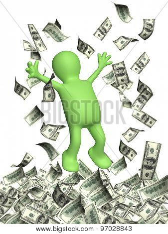 Happy 3d man leaping and a money rain with dollar banknotes. Isolated on white background