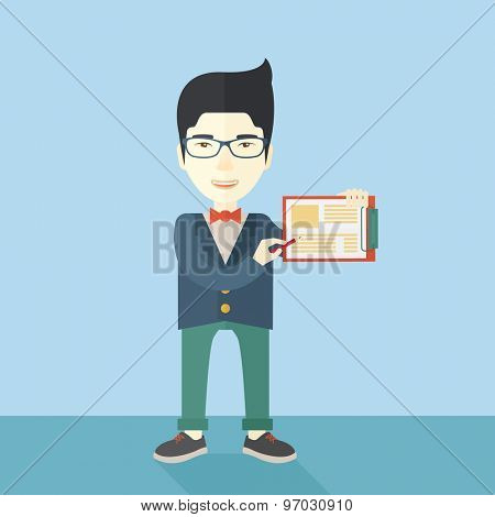 A handsome hipster Caucasian man wearing blue jacket holding his clipboard with paper where he wrote his report happily presenting his marketing plan. Marketing strategy concept. A contemporary style