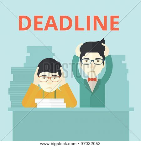 A two aisan employees is burnout  having a problem meeting the deadline, so many paper works to attend to. A Contemporary style with pastel palette, soft blue tinted background. Vector flat design